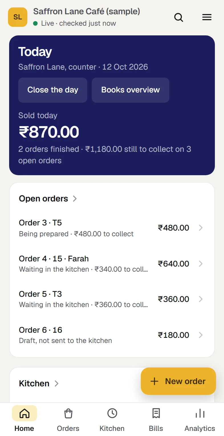 Today at the sample café on a phone: what was sold today, the open orders and the kitchen.