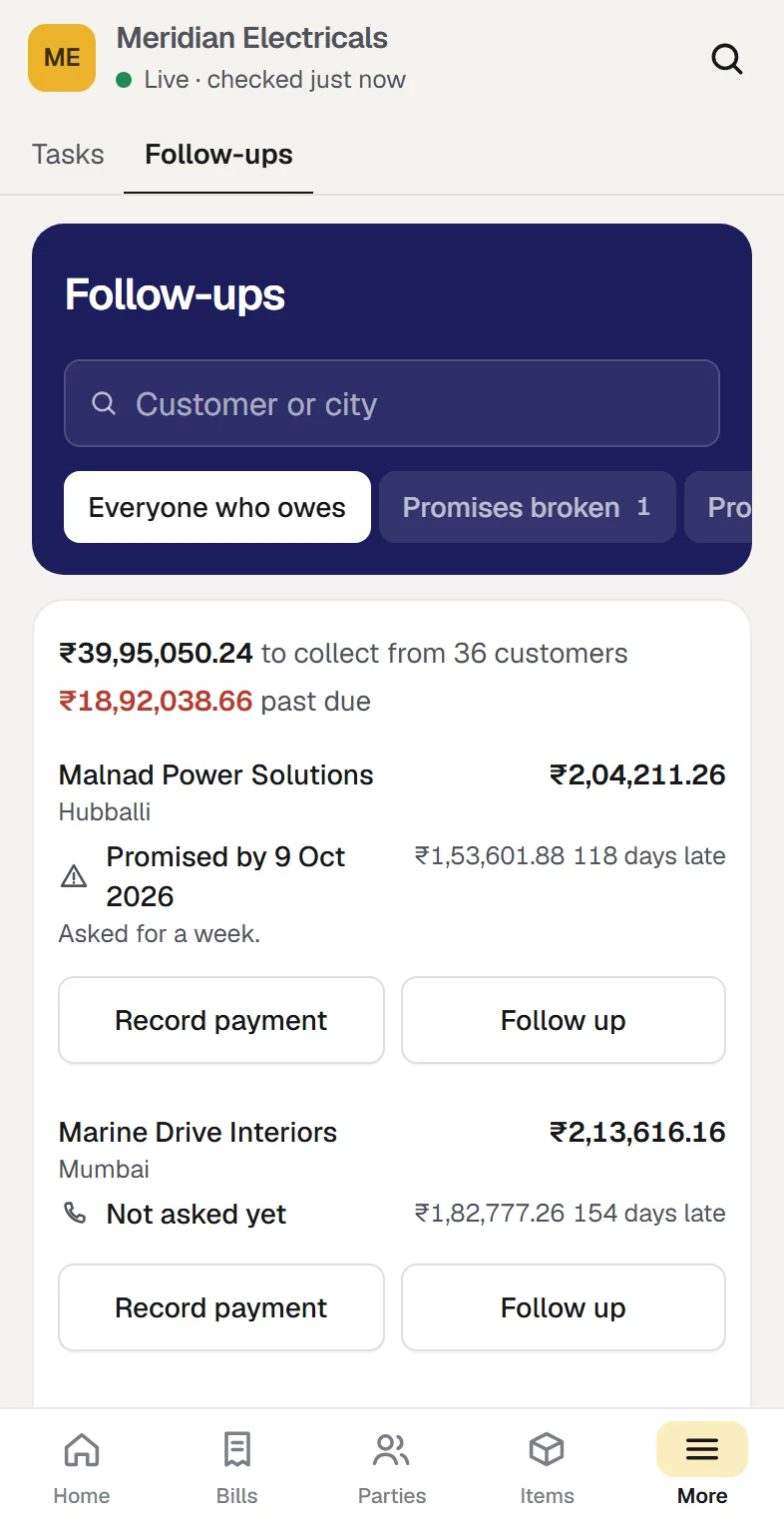 Follow-ups on a phone for the sample company: what there is to collect, then each customer with what they owe, how late it is, and the buttons Record payment and Follow up
