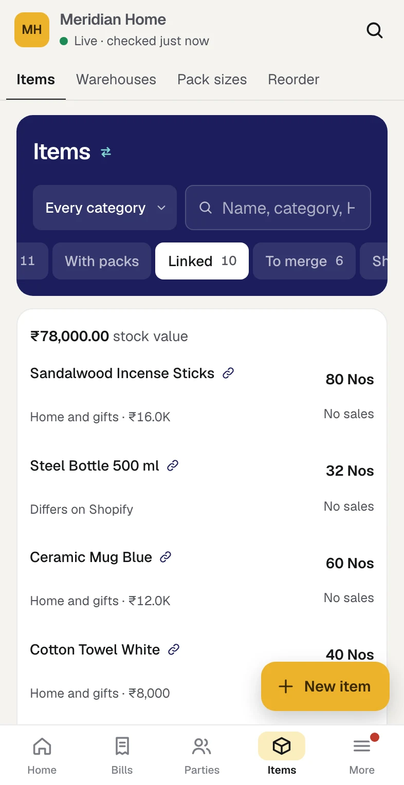 The Linked view of Stock on a phone: each product that is on both sides on one row, with its chain mark.