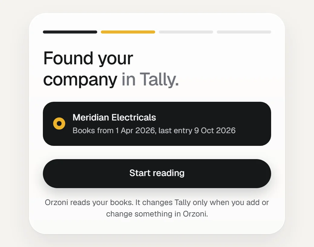 Orzoni's set-up screen listing the company it found open in Tally.