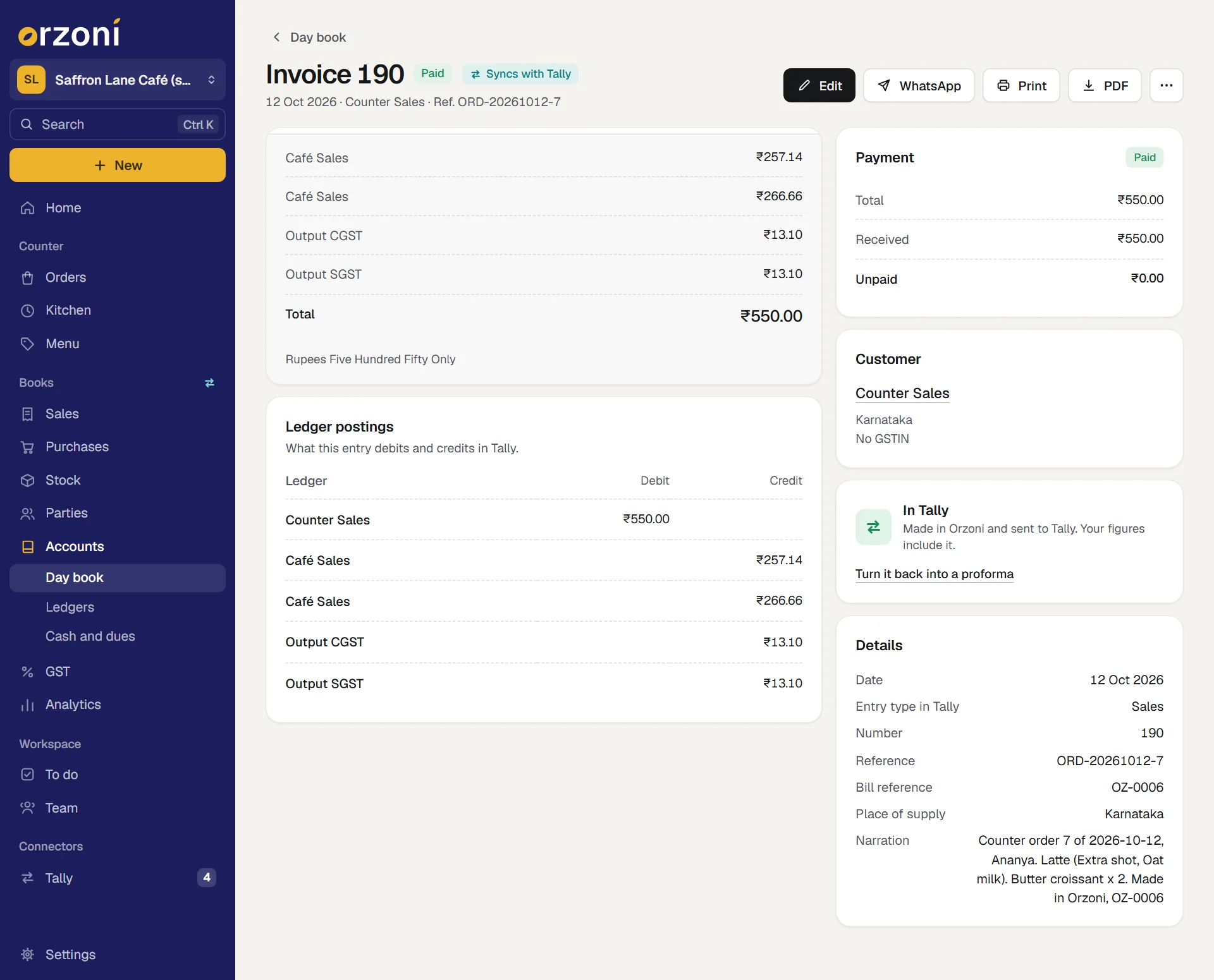 The sales bill made from Order 7, open in Orzoni as Invoice 190, Paid, for the made-up Saffron Lane Café (sample). It is dated 12 Oct 2026, billed to Counter Sales, with the reference ORD-20261012-7. Café Sales ₹257.14 and ₹266.66, Output CGST ₹13.10 and Output SGST ₹13.10 come to a total of ₹550.00. Payment shows ₹550.00 received and nothing unpaid. Details give the entry type Sales, the bill reference OZ-0006, the place of supply and the narration Counter order 7 of 2026-10-12.