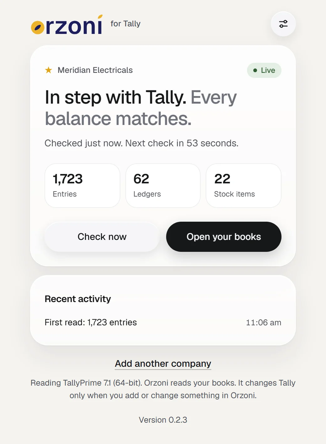 The connection screen: In step with Tally, the counts of entries, ledgers and stock items, and recent activity