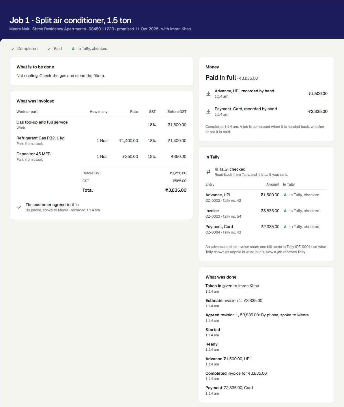 Job 1 at the sample repair business, a split air conditioner: Completed, Paid, In Tally, checked. What was invoiced comes to ₹3,835.00 for work and two parts. Money reads Paid in full, with an advance of ₹1,500.00 by UPI and a payment of ₹2,335.00 by card. In Tally lists the advance, the invoice and the payment, each with its Tally number and each checked.