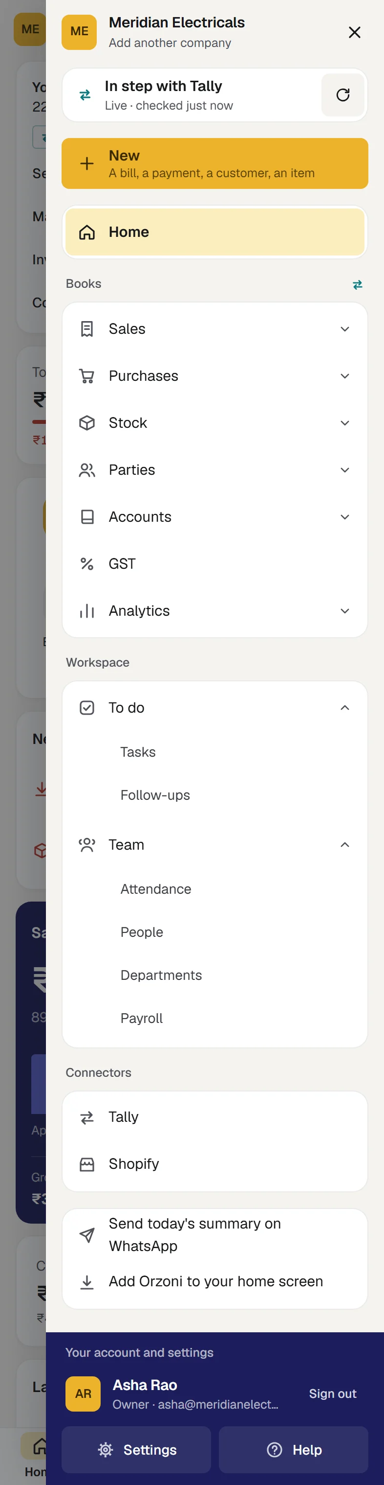 The menu on a phone, open: the company at the top, the card that says how things stand with Tally, the New button, then Home and the places under Books, Workspace and Connectors, and at the foot Your account and settings with Settings, Help and Sign out.
