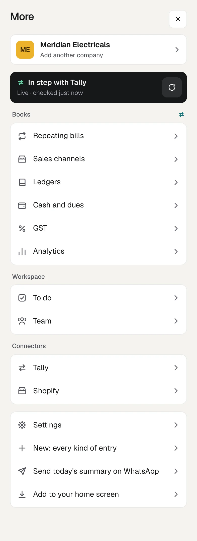 The More menu on a phone in Orzoni for the sample company: the Tally status with a button to check now, then Books, Workspace, Connectors, Settings, and Send today's summary on WhatsApp