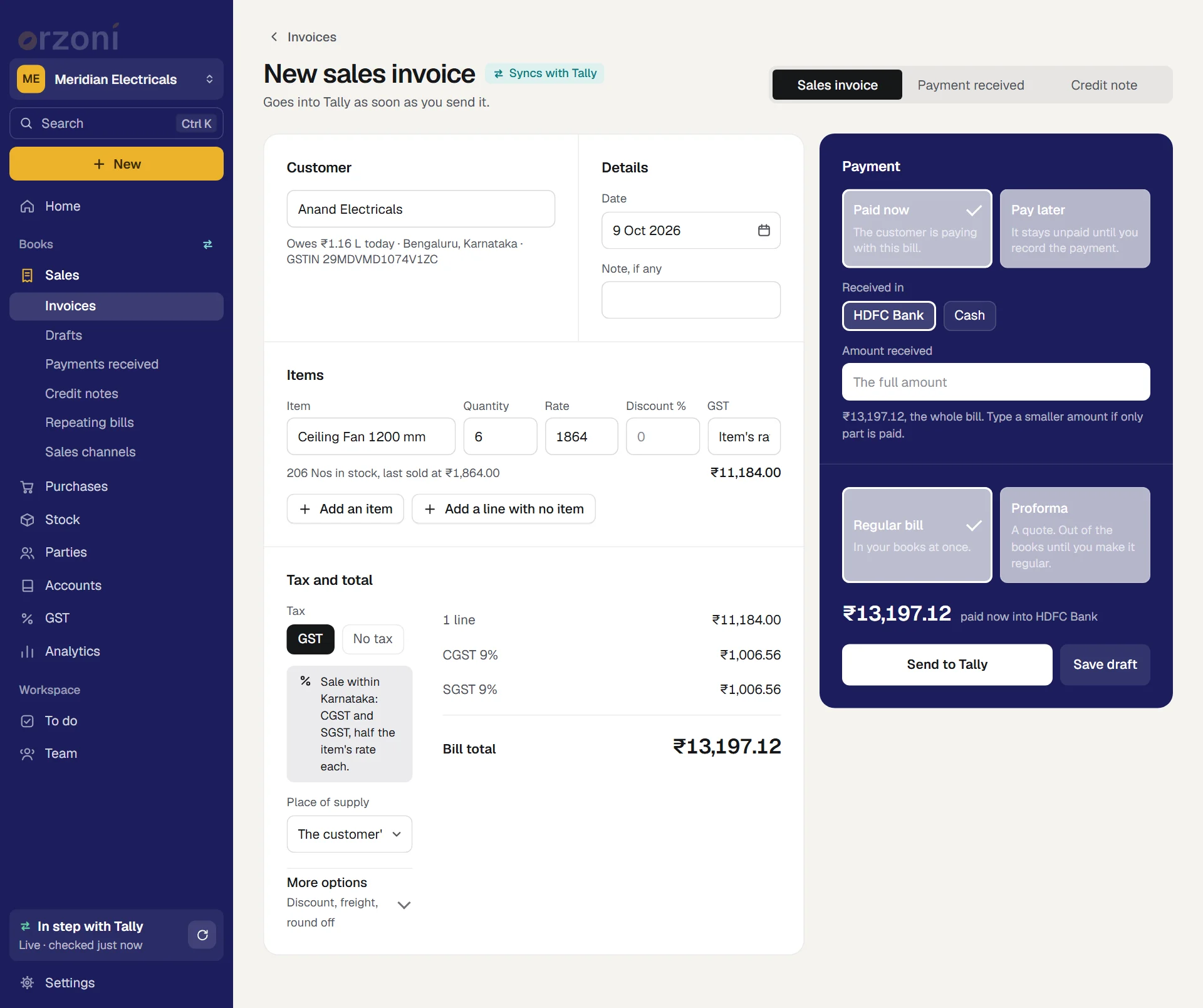 A sales bill being written: customer, items, tax and total on the left, details and Send to Tally on the right
