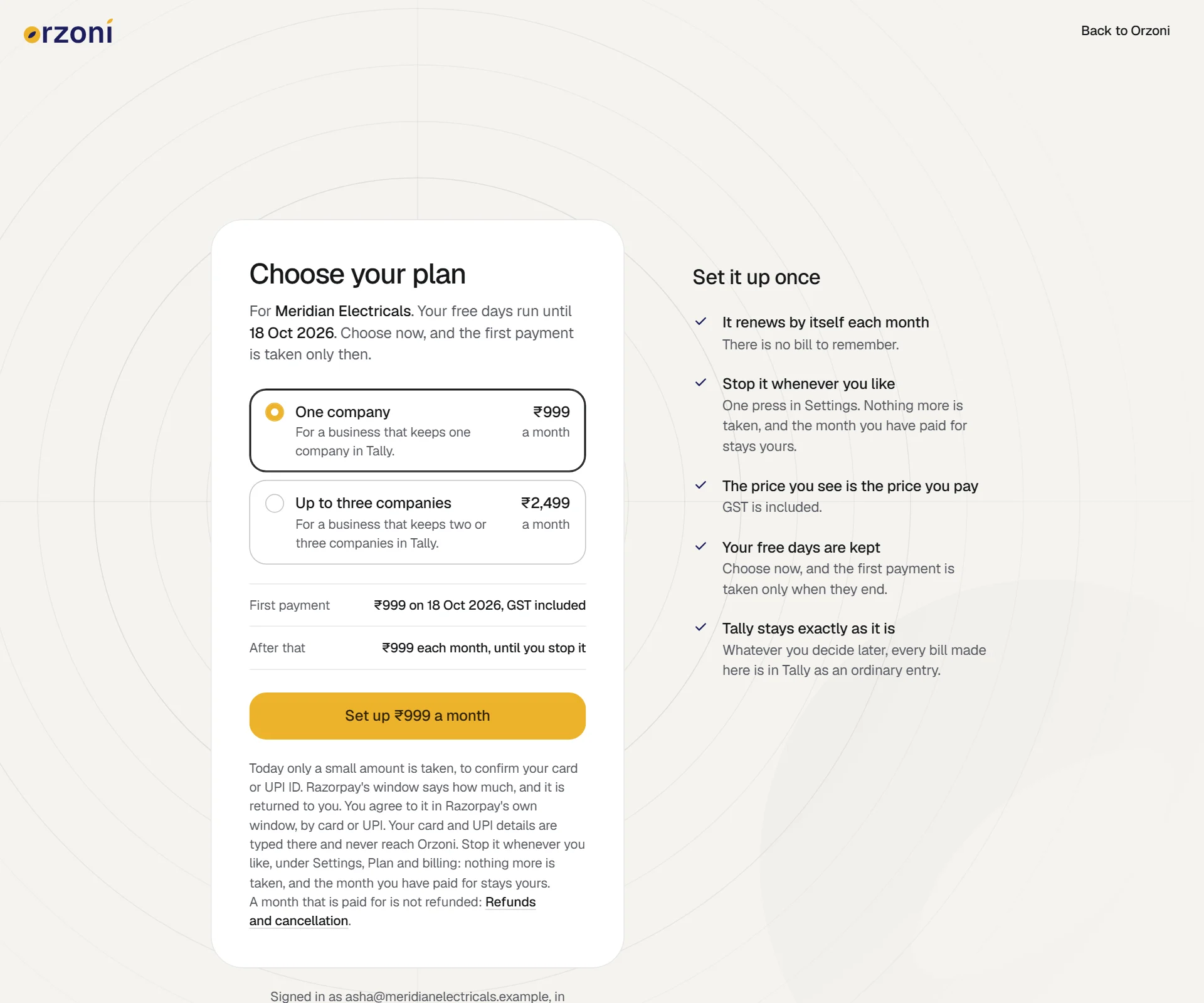 The page headed Choose your plan: One company at ₹999 a month and Up to three companies at ₹2,499 a month, the lines First payment and After that, and the button under them. Beside the card, Set it up once says the plan renews by itself, can be stopped whenever you like, and that GST is included.