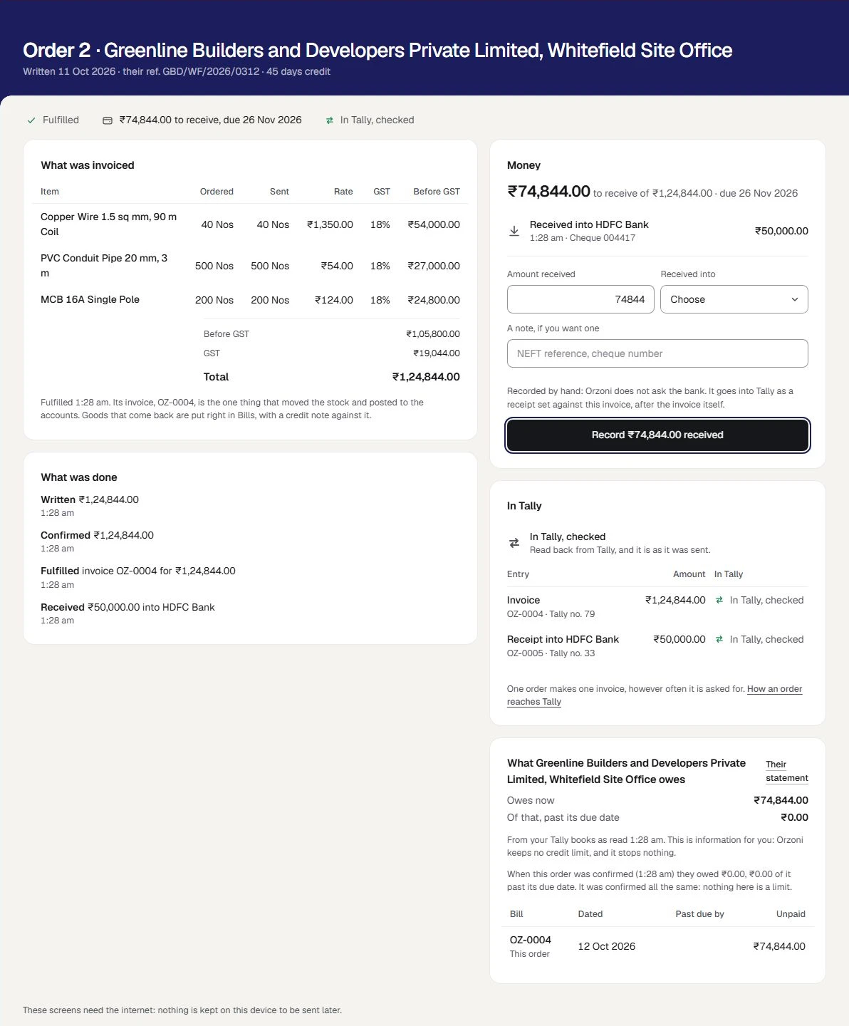 Order 2 at the sample distributor, for a builder, with 45 days credit: Fulfilled, ₹74,844.00 to receive, due 26 Nov 2026, In Tally, checked. What was invoiced lists three items, ordered and sent, total ₹1,24,844.00. Money shows ₹50,000.00 received into the bank by cheque, and a form for the rest. In Tally lists the invoice and the receipt, each checked. Below, what the customer owes, with this order's bill among their unpaid bills.