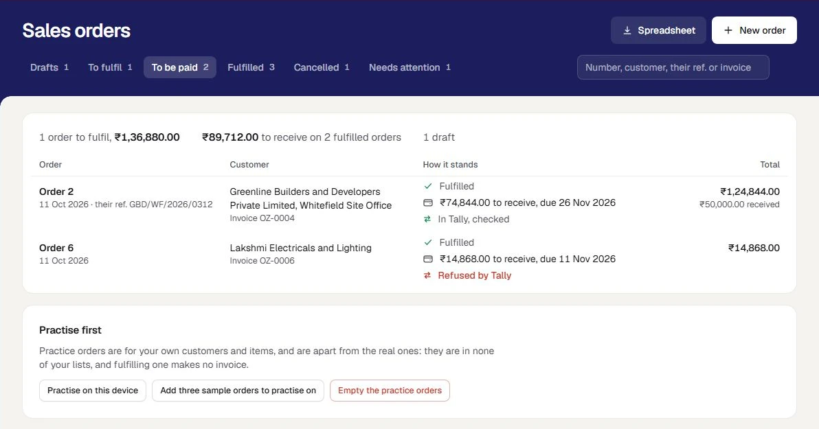 Sales orders at the sample distributor, on the view To be paid: 1 order to fulfil, ₹1,36,880.00, and ₹89,712.00 to receive on 2 fulfilled orders. Order 2 reads Fulfilled, ₹74,844.00 to receive, due 26 Nov 2026, In Tally, checked, with ₹50,000.00 received. Order 6 reads Fulfilled, ₹14,868.00 to receive, due 11 Nov 2026, and Refused by Tally in red.
