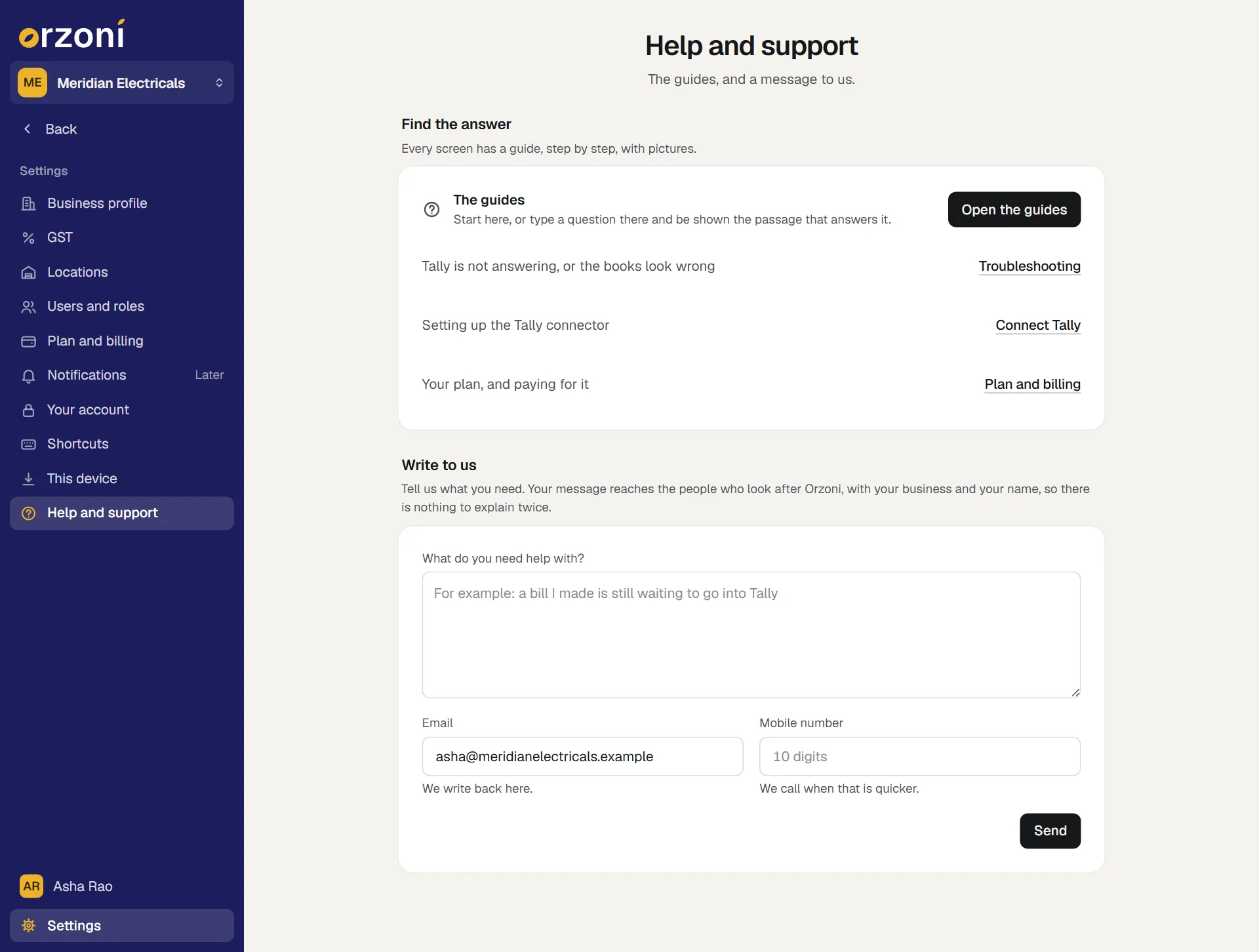 Settings, Help and support: Find the answer, with Open the guides and links to Troubleshooting, Connect Tally and Plan and billing. Under it, Write to us, with the box What do you need help with?, the box for a mobile number, and Send.