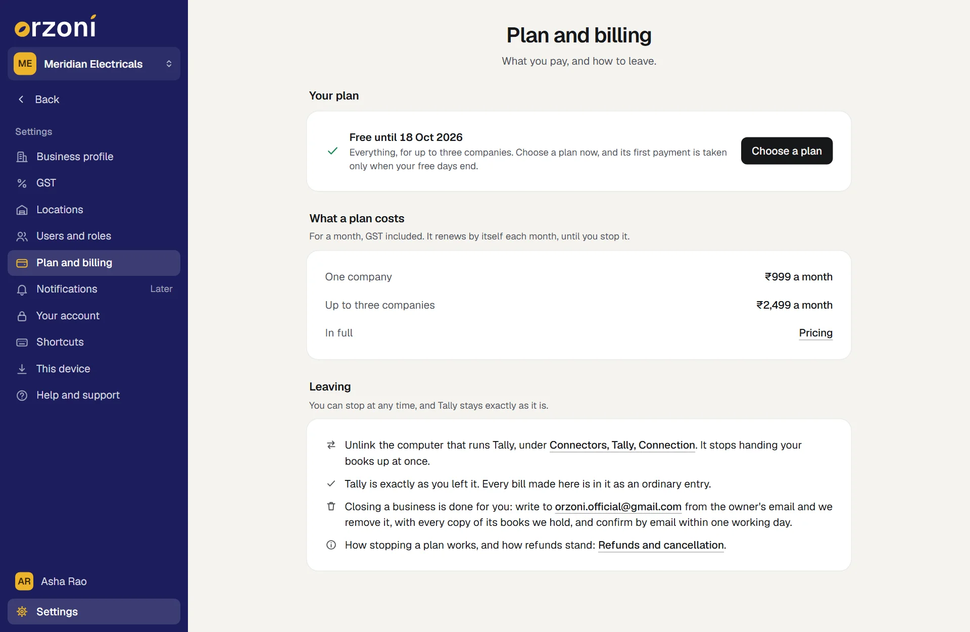 Settings, Plan and billing, in the free days: Your plan reads Free until a date, with Choose a plan beside it. Under it, What a plan costs lists One company and Up to three companies with their prices for a month, and Leaving says how to stop.