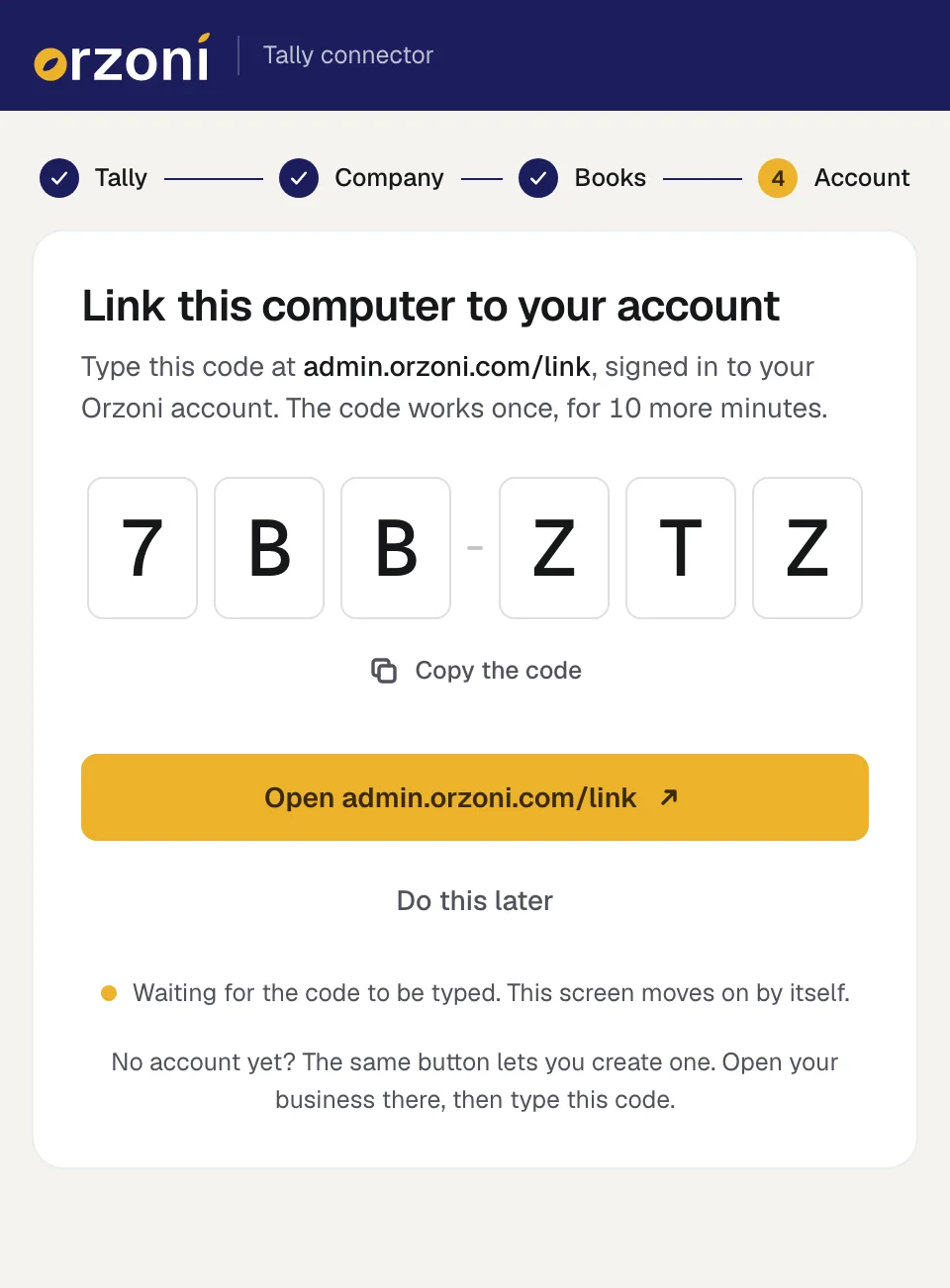 The connector showing the six-character code 7BB ZTZ to type at admin.orzoni.com/link, with a button that opens the page and a line saying the code works once, for ten more minutes