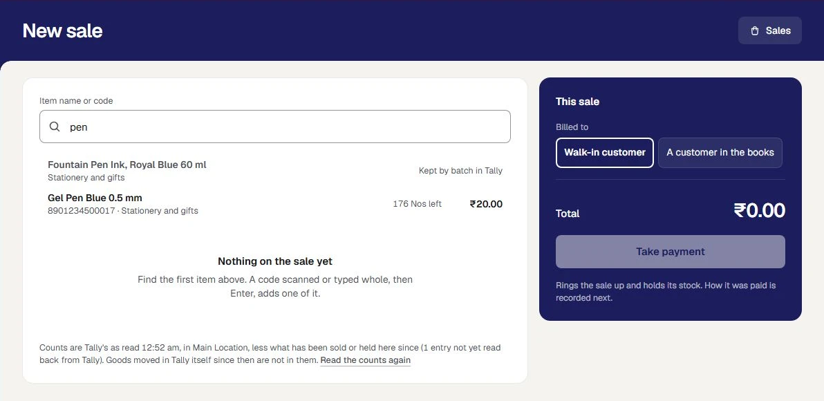 New sale at the sample shop with pen typed into the box Item name or code. Two items are found: Fountain Pen Ink, which reads Kept by batch in Tally and cannot be sold, and Gel Pen Blue 0.5 mm with its code, 176 Nos left and ₹20.00.