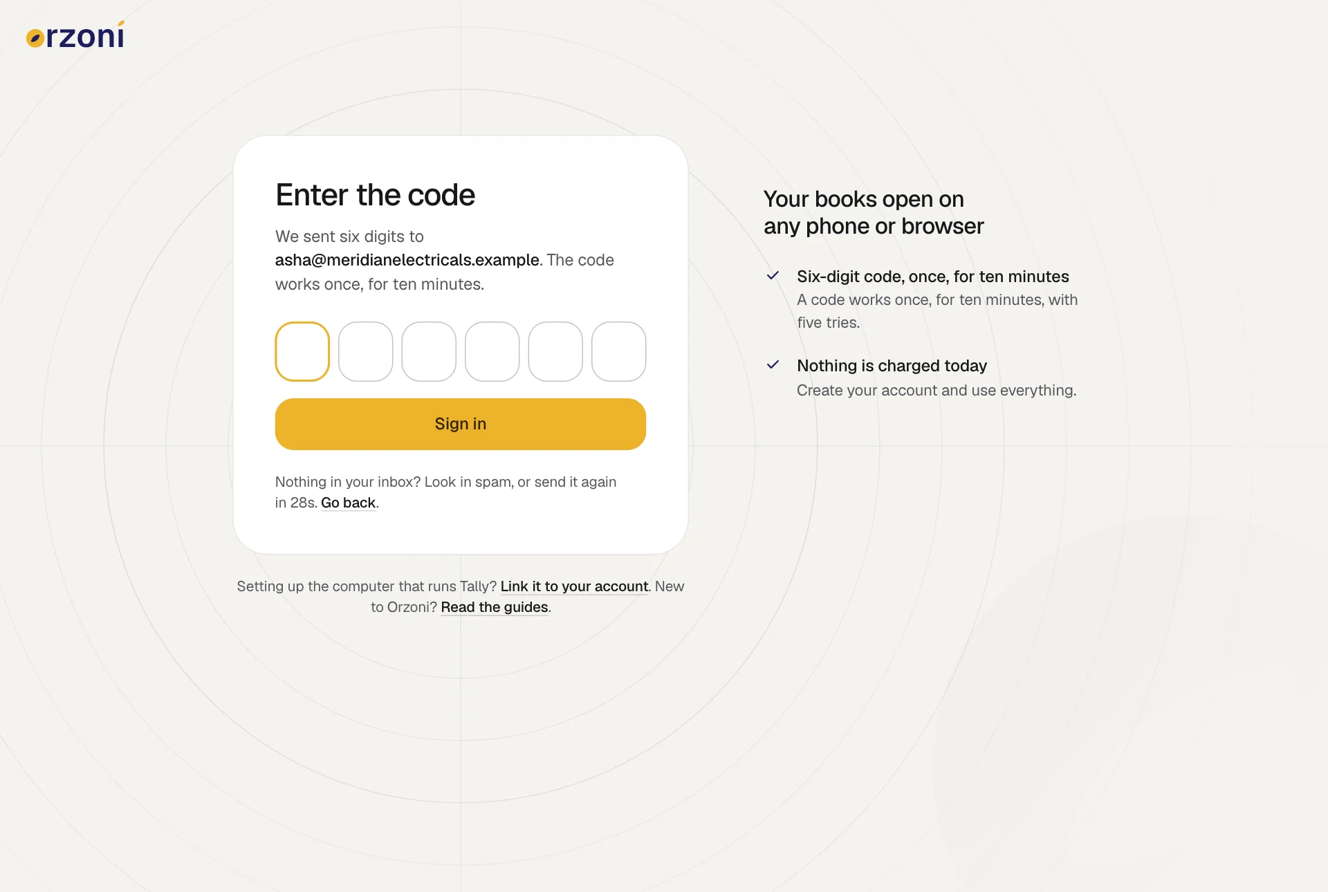 The page headed Enter the code in Orzoni: it names the address the six digits were sent to, with six boxes for them and a line about looking in spam or sending the code again